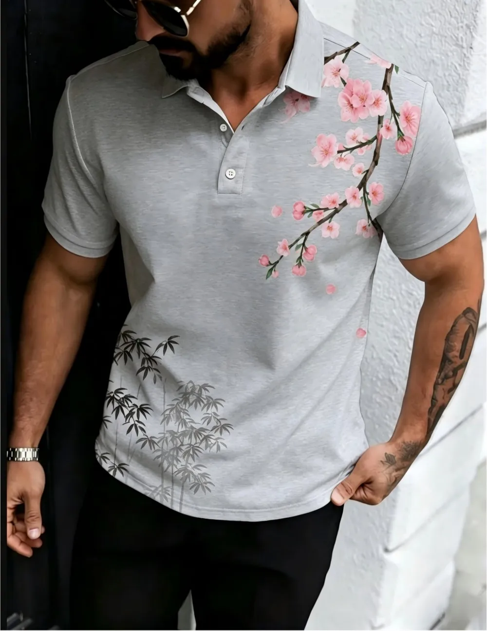 American men's summer bamboo leaf cherry blossom print comfortable breathable polo short sleeved T-shirt outdoor casual top