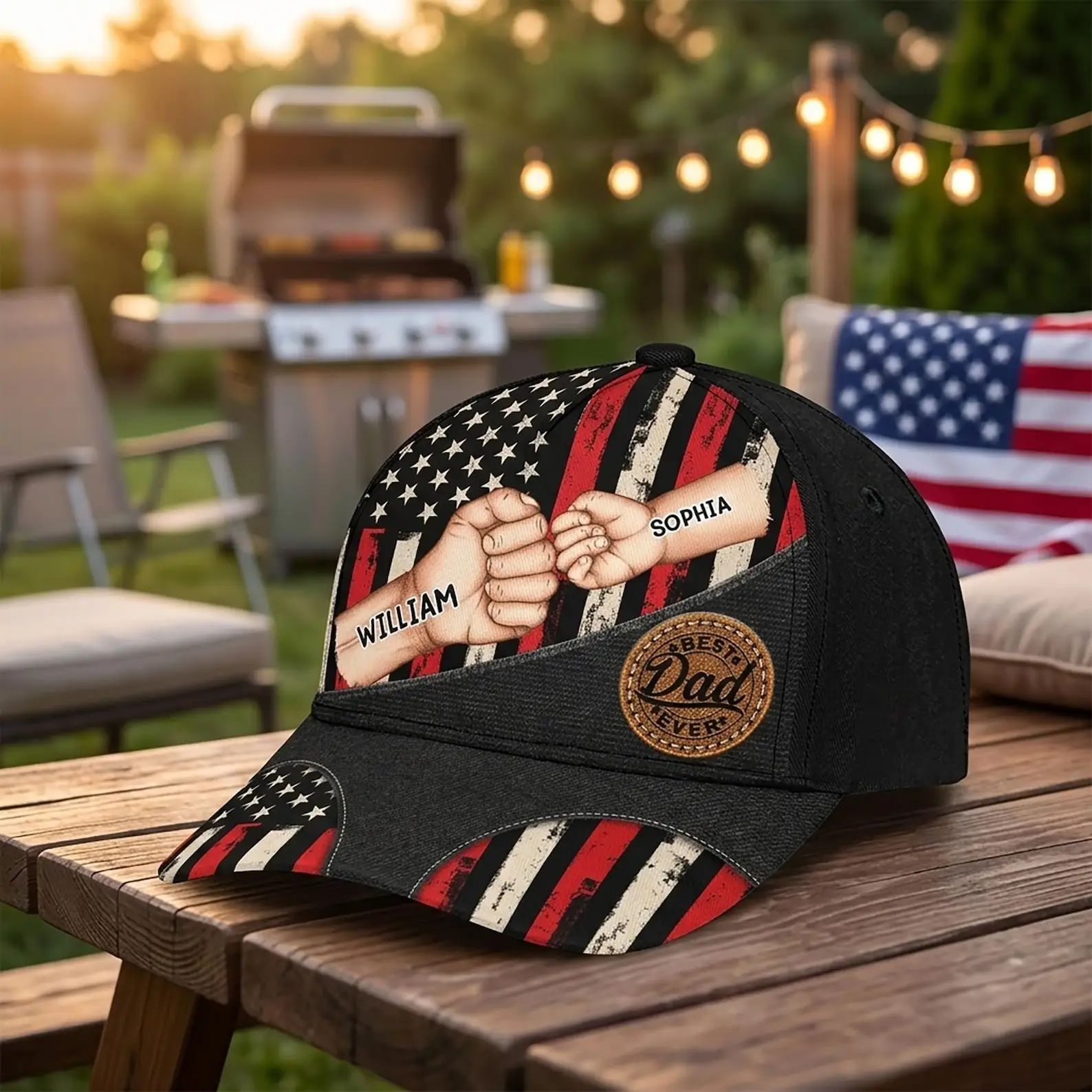 Custom Personalized Best Dad Ever Cap, Custom Name Patriotic Hat, American Flag Fist Bump Gift For Dad From Kids Father’s Day