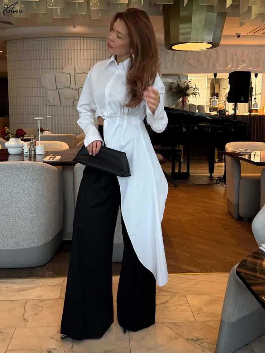 Oymimi Elegant White Cotton Woman Blouses Fashion Turn Down Collar Long Sleeve Blouses Autumn Asymmetrical Long Blouse Female