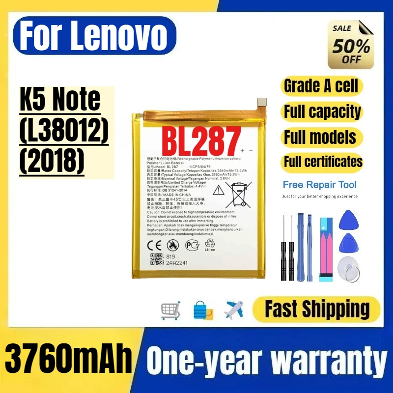

BL287 for Lenovo K5 Note (L38012) (2018) Phone Battery High Quality High Capacity Replacement Bateria Grade A Cell with Tools