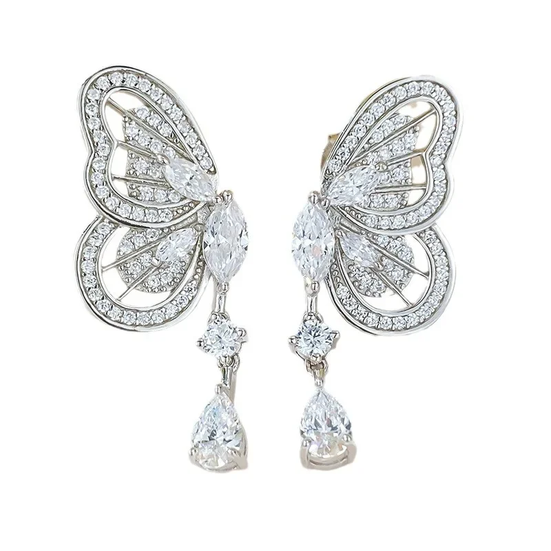 Pendientes de mariposa exquisitos de plata de ley S925 de lujo con joyería exagerada de diamantes de alto carbono