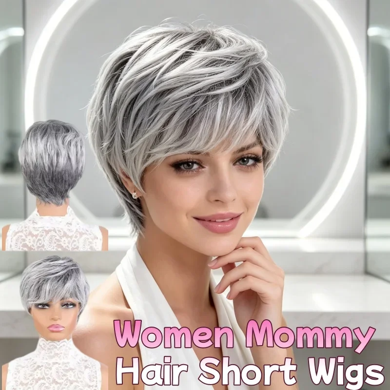 女性用ソフトママヘアショートウィッグ、前髪付きカーリーグレーオンブレリアル人毛ナチュラルウィッグ、デイリーコスチュームパーティーヘアウィッグ