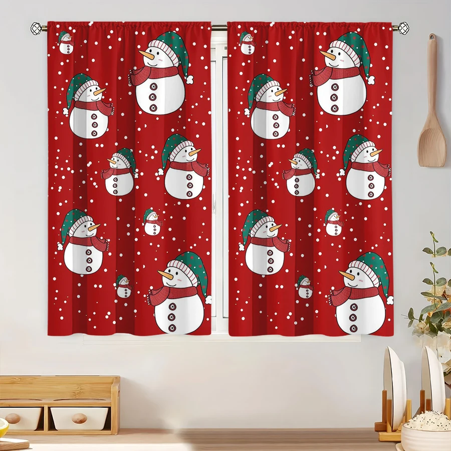 2PCS Digital Print Curtain, Cartoon Snowmen with Green Hats and Red Scarves on Red Snowflake Background, Cute, for Bedroom Decor