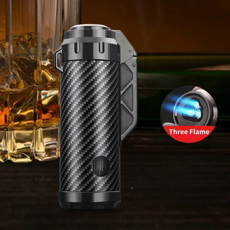 HONEST Zinc Alloy Windproof Three Jet Flame Butane Gas Lighter Visible Gas Window Hidden Cigar Knife Cigar Lighters Smoking Gift
