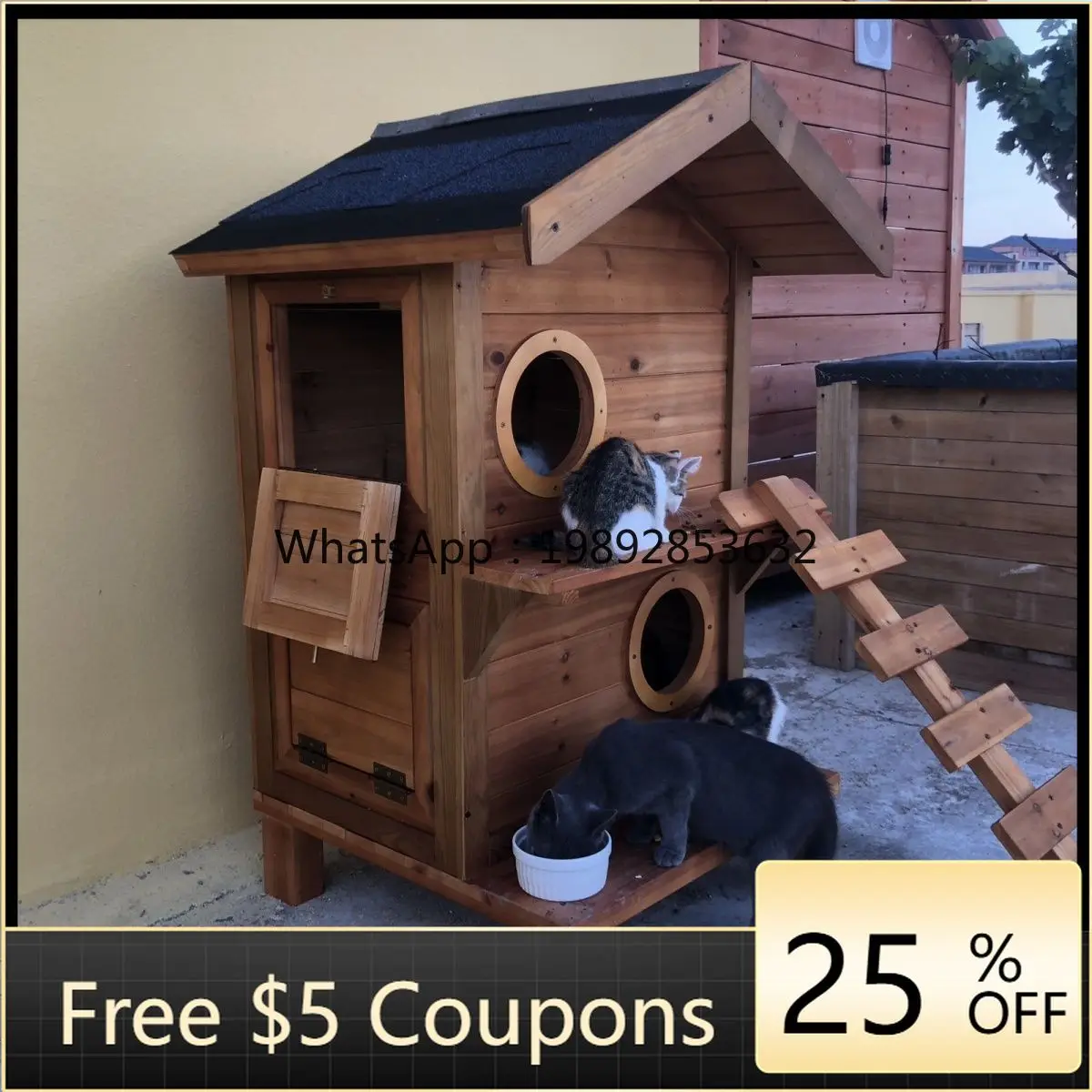 

LYY Outdoor Cat House Indoor and Outdoor Cat Room Villa Double-layer Solid Wood Household Four Seasons Heatproof Cat Nest