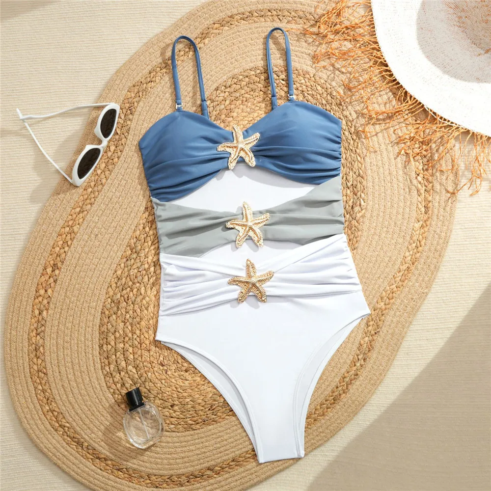 Metal Starfish Ornament Hollow Out Swimwear Woman One Piece Sexy Swimsuit 2026  Monokini Blue Patchwork Bathing Swimming Suit