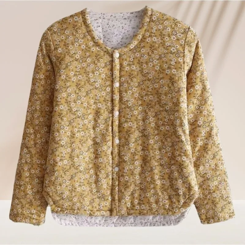 Chaqueta corta de manga larga de algodón cálido ajustada para otoño e invierno con Clip de algodón Floral Retro para mujer