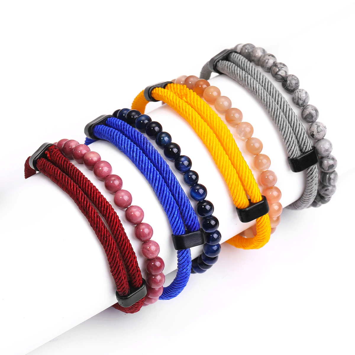 

2pcs/set Natural Stone Crystal 6mm Round Beads Bracelet Double Live Clasp Adjustable Handmade Bracelet for Couple Friendship