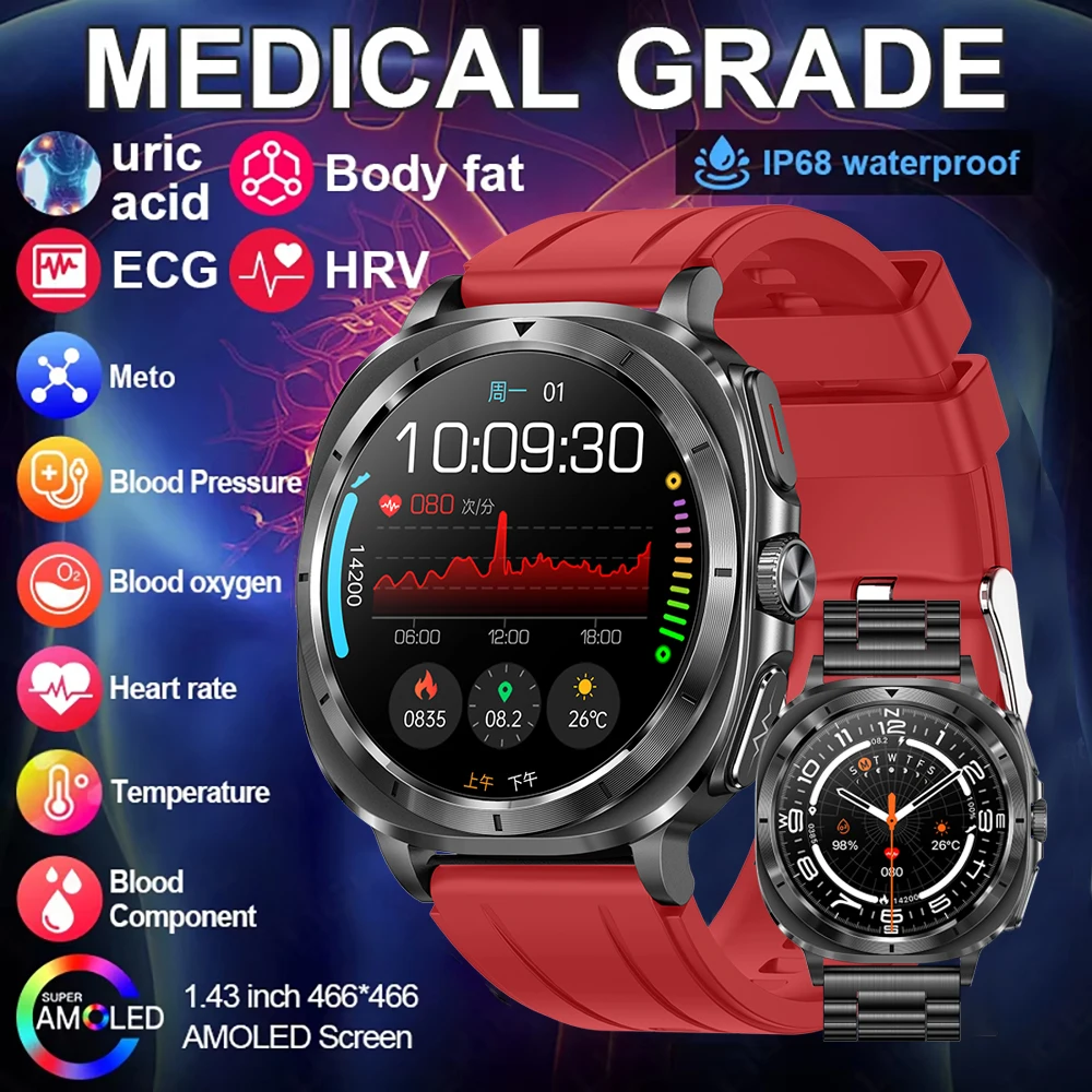 

2026 Fashion New Expert level Health ECG+PPG Laser Monitor Uric Acid Smart Watch Men Blood Fat Blood Pressure NFC HD Call Watch