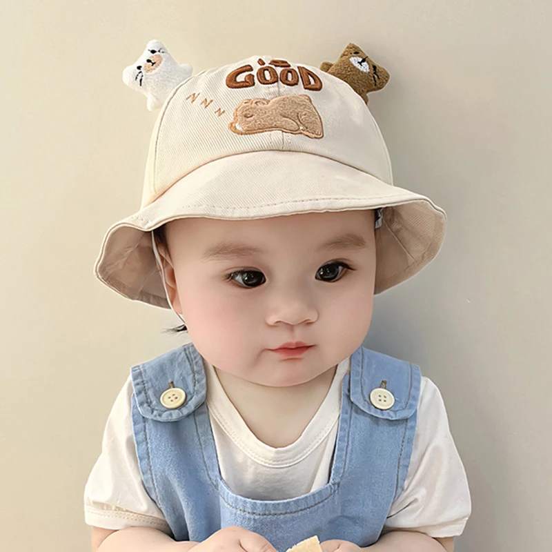 

Cartoon Bear Baby Bucket Hat Solid Color Ear Infant Fisherman Cap Kawaii Embroidered Wide-brim Kids Boy Girl Panama Sun Hats
