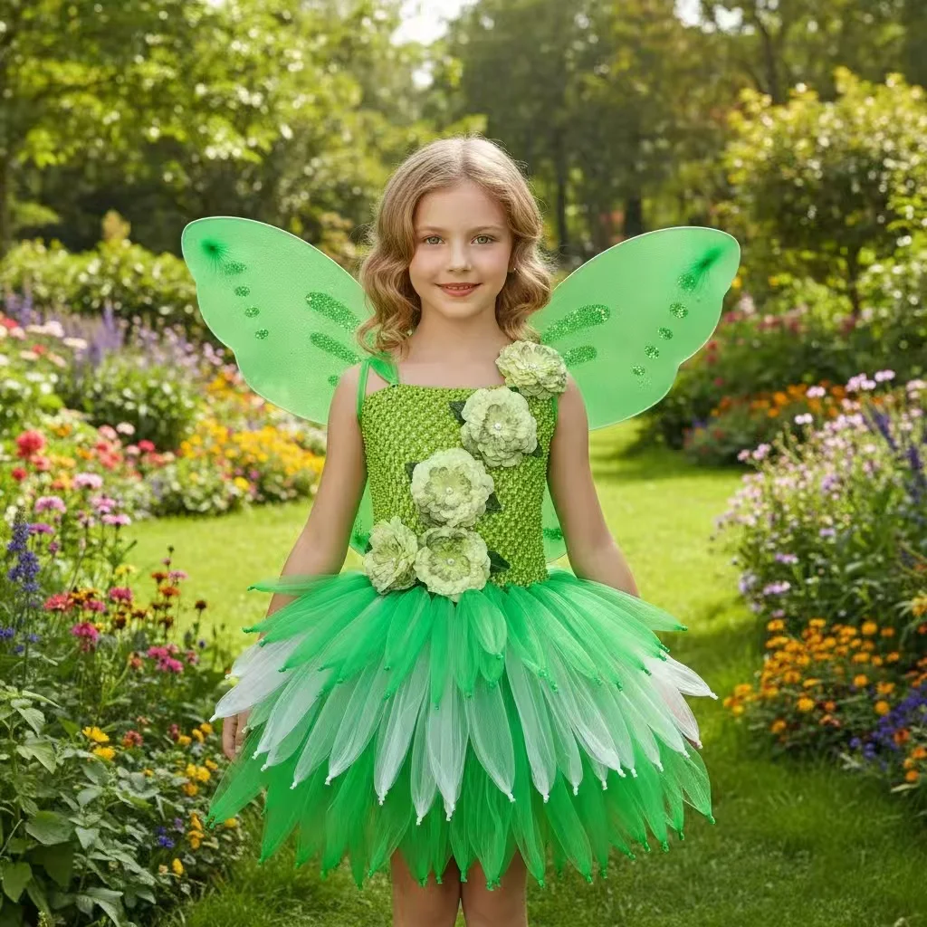 Girls Green Glitter Tutu Dress Kids Flower Fairy Dress with Butterfly Wing Set Children Party Costume Sparkled Stars Dresses