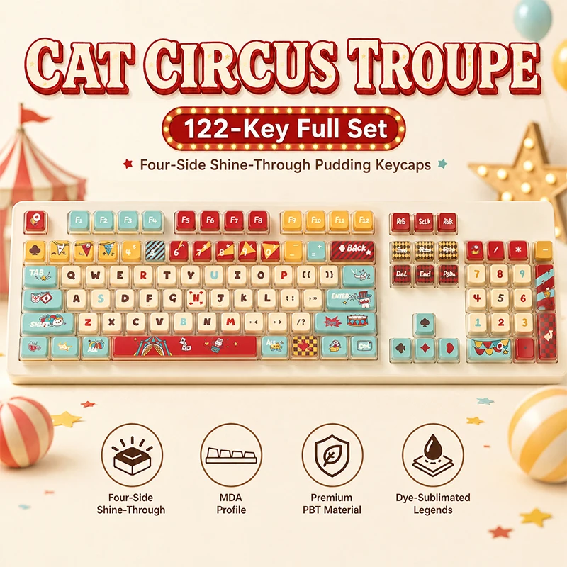 122key/set PBT Cat Circus keycap MDA High Pudding Four sided Transparent Thermal Sublimation Mechanical Keyboard Keycap