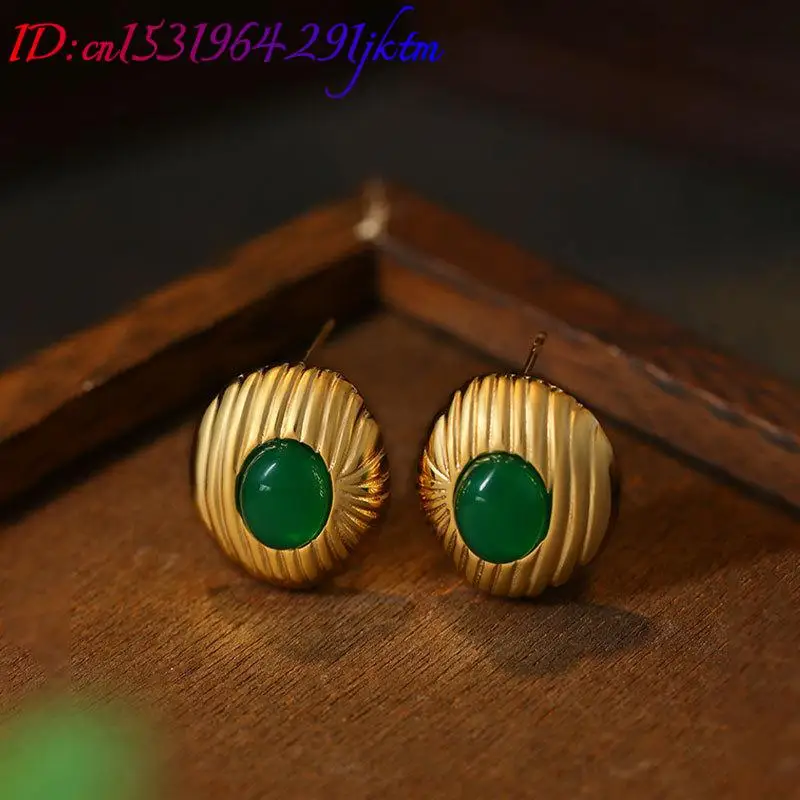 

Зеленые серьги из натурального нефрита, модные аксессуары, подарки для женщин, позолоченные 18-каратным золотом, амулеты-талисманы, роскошные серьги-гвоздики
