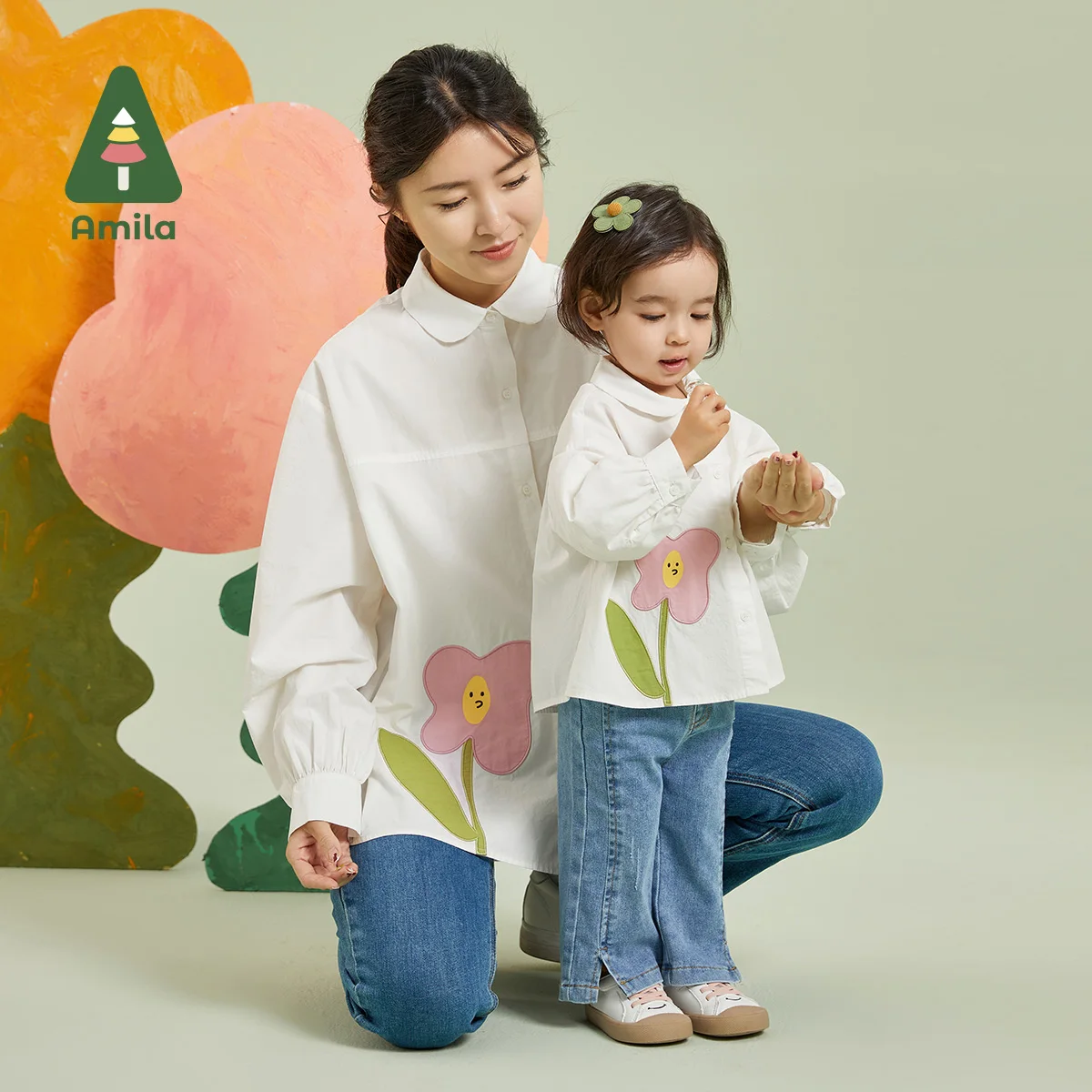 Amila Mother-Daughter Clothing Autumn New 2023 A-Type Version 100% Cotton Breathable And Soft Fashion Versatile Embroider Shirt