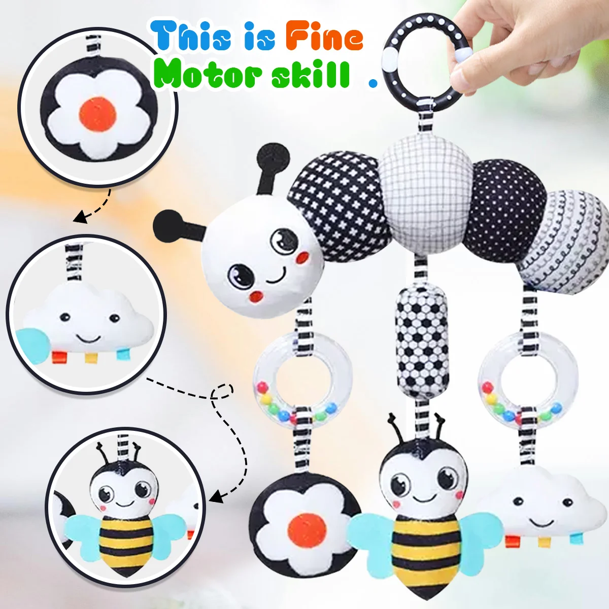 Giocattoli per Seggiolino Auto per Neonati, Giocattoli Sonori da Appendere per Culla Mobile, Giocattoli in Bianco e Nero ad Alto Contrasto per Passeggino