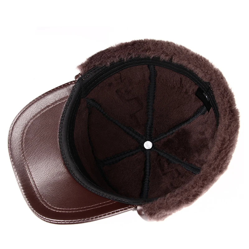 Winter Hat Men Genuine Leather Sheepskin Fur Bomber Hat Earflap Black Warm Thick Ski Snow Windproof Male Russian Hat