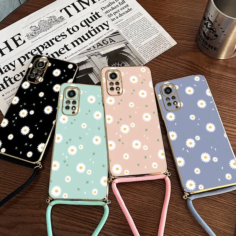 Daisies Crossbody Lanyard Silicone Phone Case For Xiaomi Redmi Note 11 Pro 10 Pro 10 12 11S 9 10A 10C 9C 9A 9T Cover