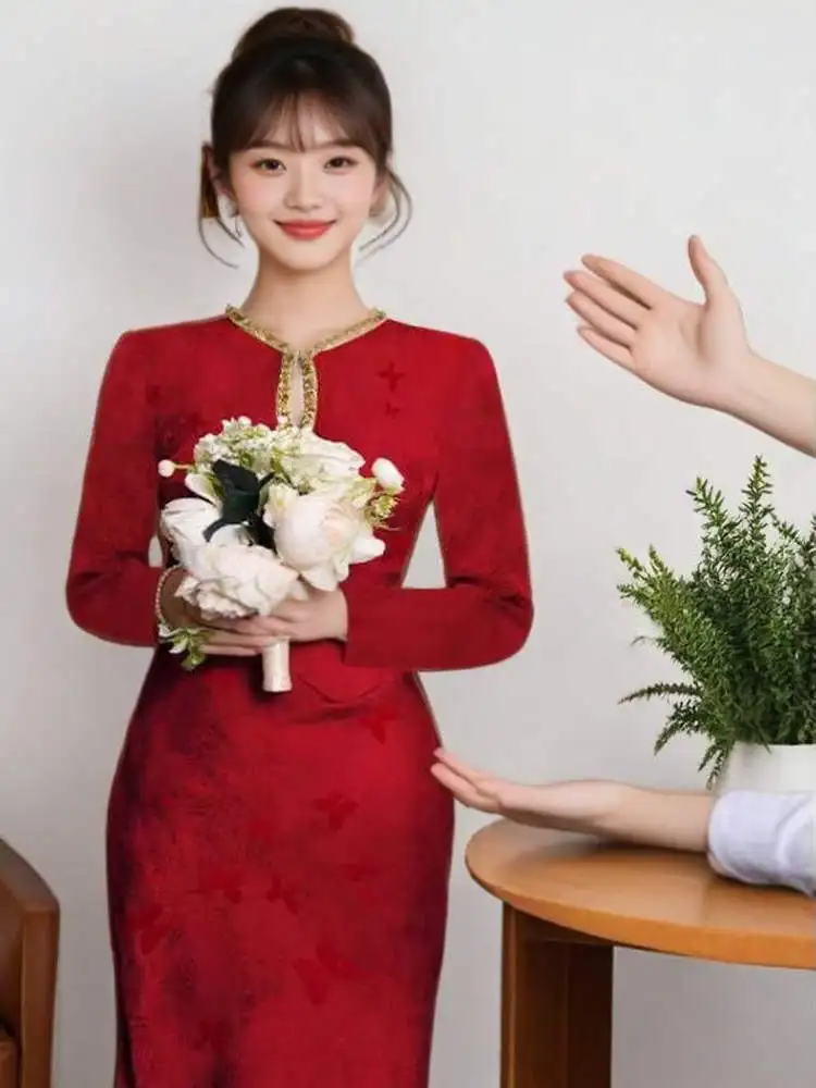 

Вечернее платье для помолвки цвета красного вина, фасон «рыбий хвост», свадебное платье, платье для гостей на банкет, осеннее, элитное, в винтажном стиле, длинное.