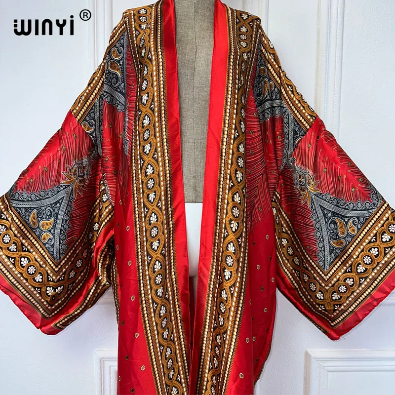 WINYI Kimono Women Summer Bohemia Print Long Sleeve Cardigan Female Blouse abaya beachwear Cover Up boho maxi dress party kaftan