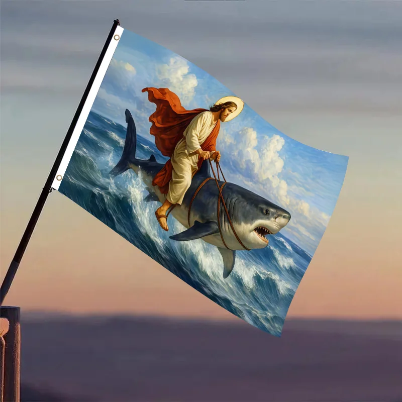Jesus Riding Shark Flag Humorous Religious Themed Outdoor Polyester Decoration