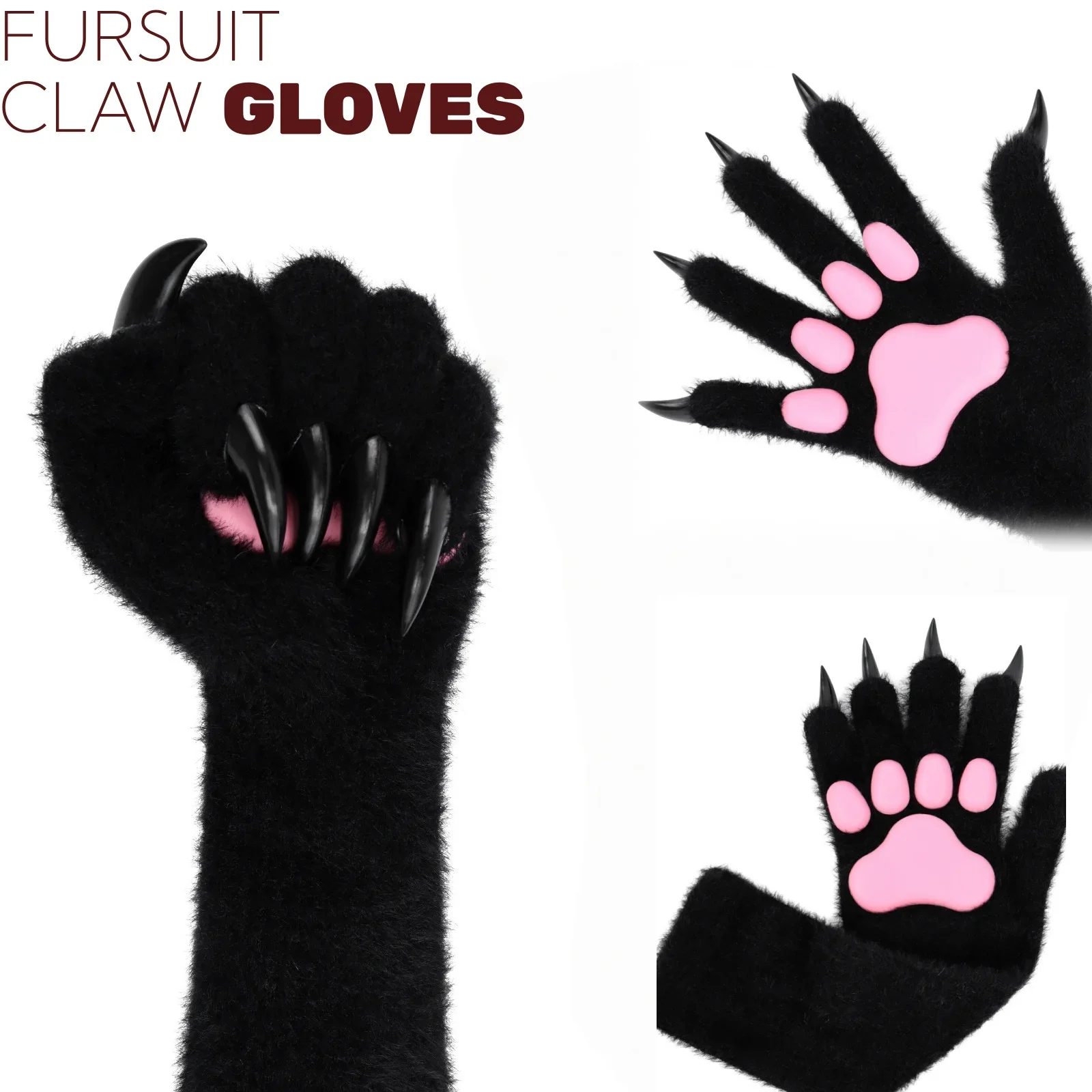 IMU New Handmade Black Plush Silicone Fursuit Meat Pads Gloves Long Nail Beast Claw Gloves Halloween Cosplay Costume Claw Props