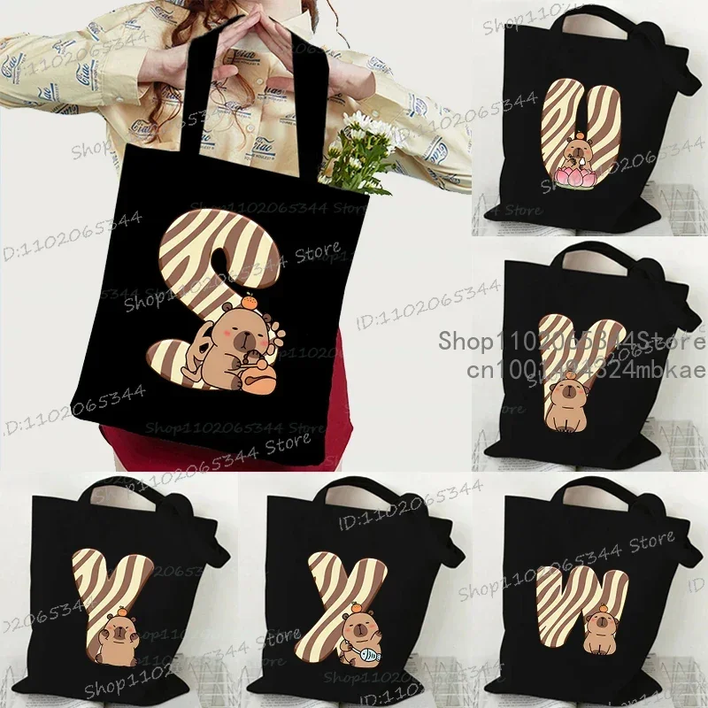 Tote Bag with Cartoon Capybara Alphabet A-Z Reusable Leisure Handbag Y2K Surname First Letter Shoulder Bag Woemn Shopping Bag