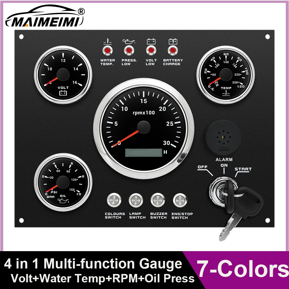 Customized 4 Gauge Set Switch Panel 85mm Tachometer 0~3000rpm For Car Boat 7 Color LED Water Temp Volt Oil Press Dashboard 12V