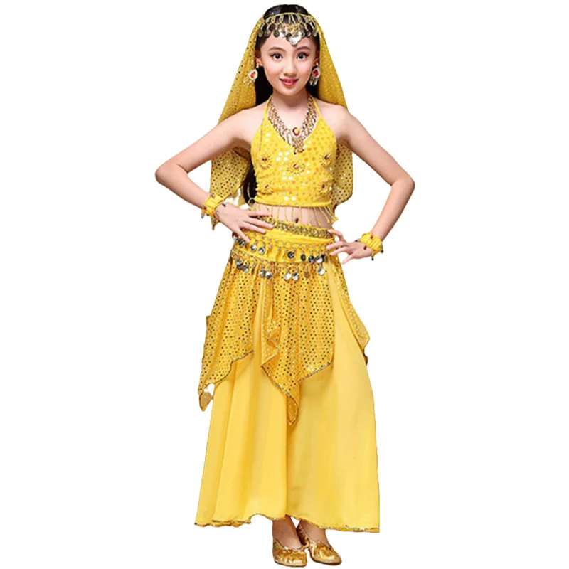Crianças trajes de dança do ventre para crianças meninas saia de dança do ventre vestido de dança de bollywood desempenho competição conjunto pano indiano