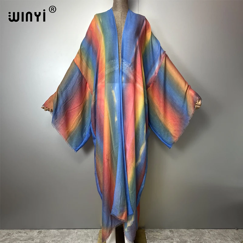 

WINYI bohemian kimono tie-dye stripe print Women coat Long coat beach Holiday Swimming Cover Up party dresses luxury dubai abaya