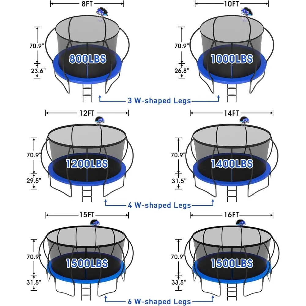 8-FT-Trampolin für Kinder und Erwachsene mit Gehäusenetz, Windpfähle, Basketballkorb, robusten Freizeittranspolinen 1500 Pfund