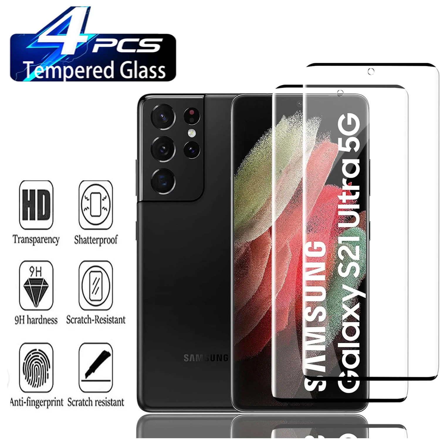 2/4Pcs HD Screen Protector For Samsung Galaxy S21 Ultra 5G,9H Curved Four Sides Glue Tempered Glass