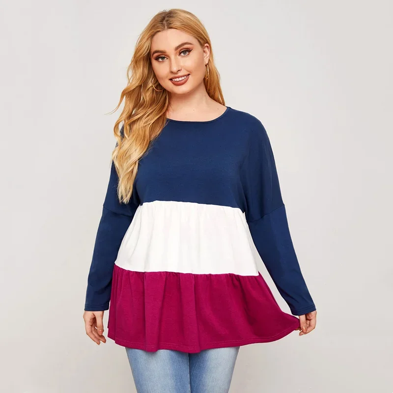 

Plus Size Drop Shoulder Loose Tunics Women Long Sleeve Color Block Large Size Ladies Spring Autumn Casual Blouse Top 6XL 7XL 8XL