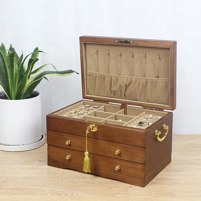 Wooden Jewelry Box Necklace Earring Ring Retro Style Luxury Jewelry Box Drawer Organizer Three Layer Display Rack Packing