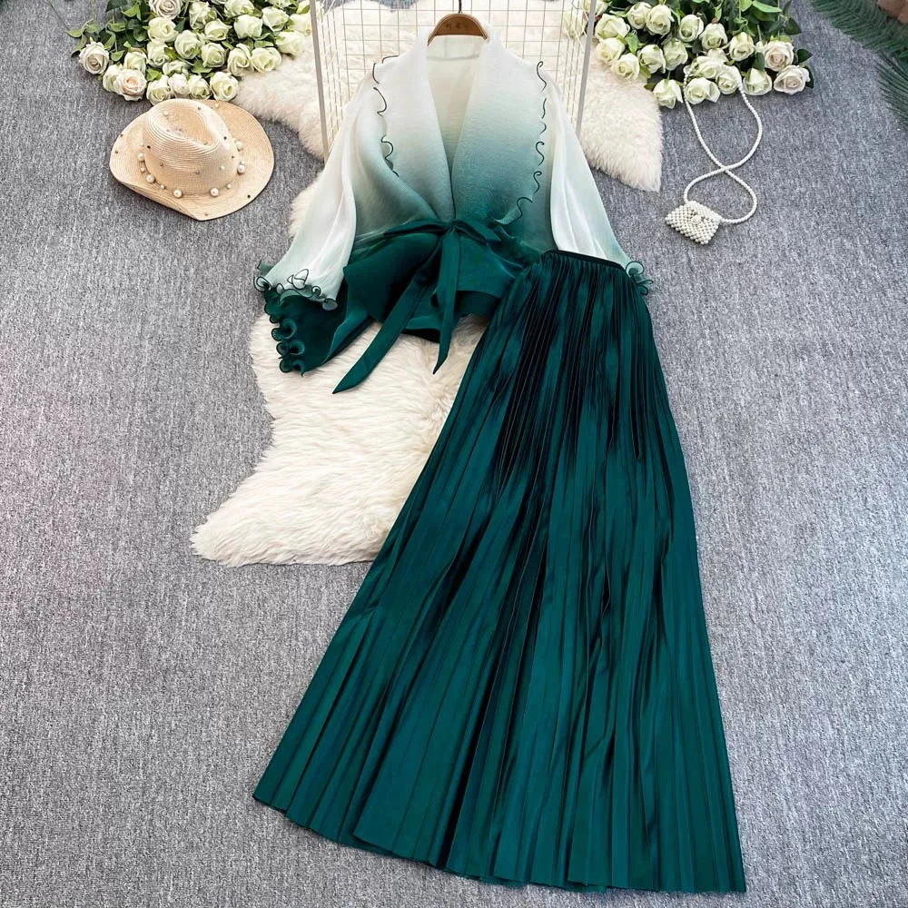 Pleated Skirt Suit Women Gradient Coat Long Skirts 2 Piece Sets Lace Up Top A Line Ensemble Spring 2026 Office Lady Outfits