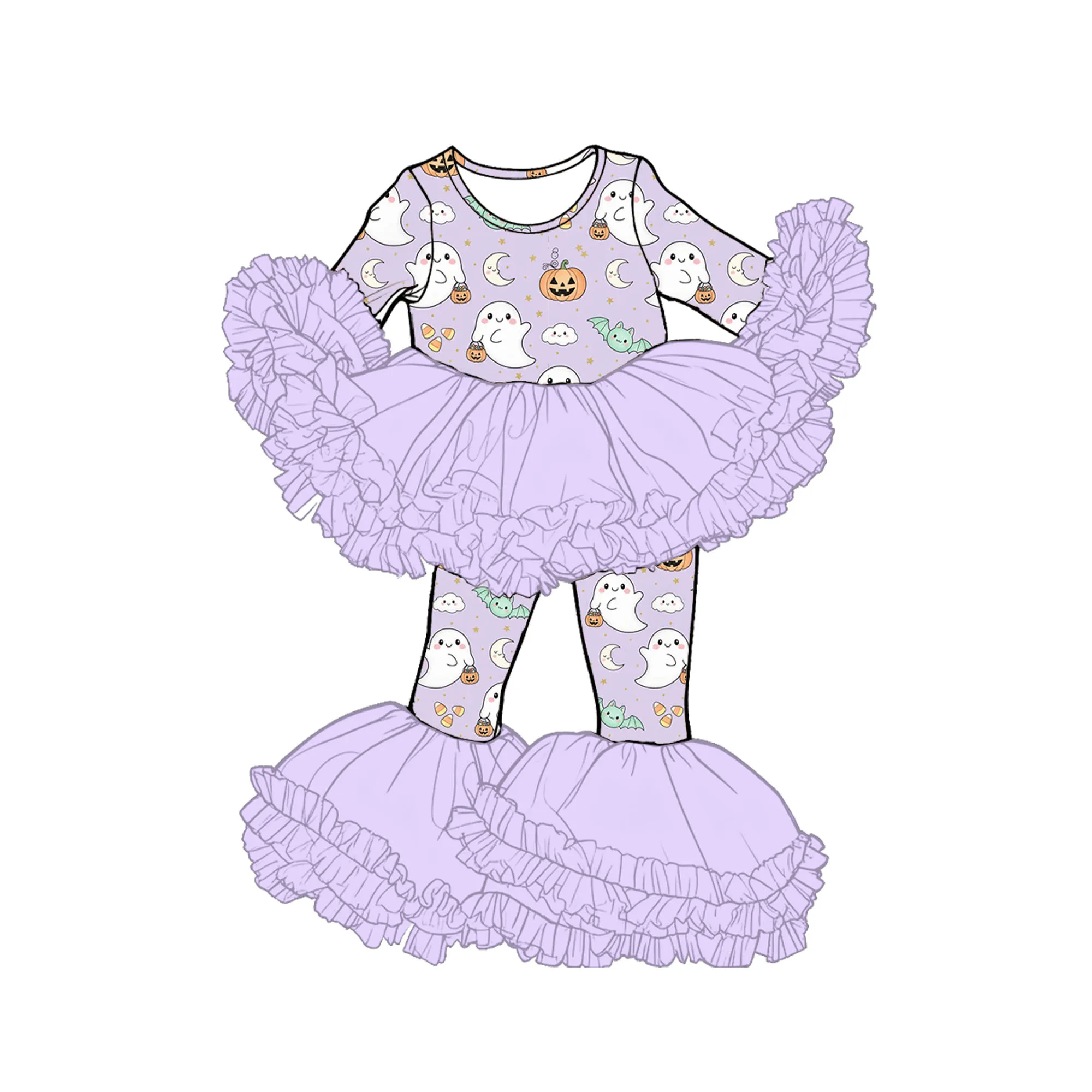 Hot Sale Boutique Girls' Set Long-sleeve Top Paired with Trousers Multi-layer Mesh Halloween Bow Print Custom Wholesale