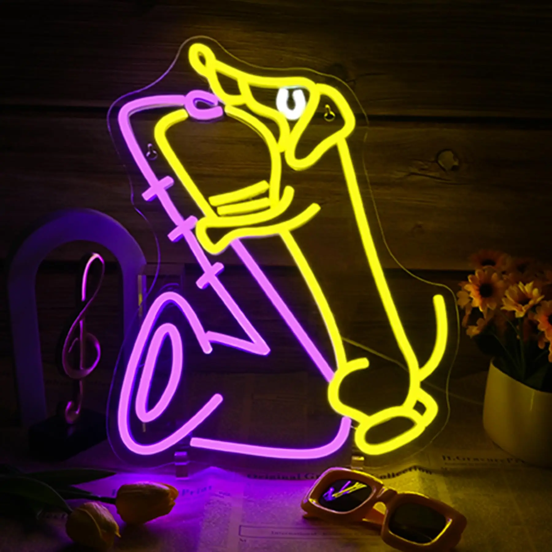 Jazz Dachshund Neon Sign Dog Playing Saxophone Ligh Dimmable LED for Music Lovers, Pet Owners, Bars & Game Rooms