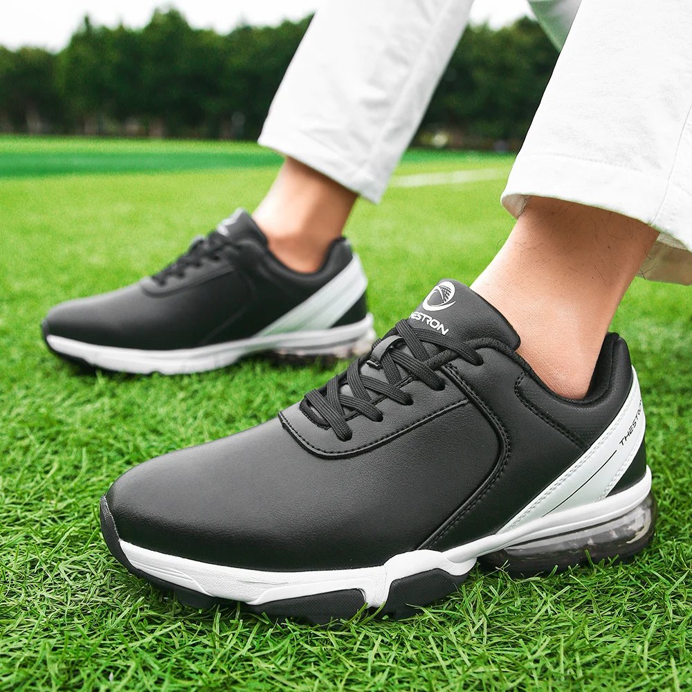 Sapatos esportivos de golfe profissional para homens, tênis de golfe atlético, picos de couro, tênis de treinamento de golfe preto e branco, tamanho grande 39-48