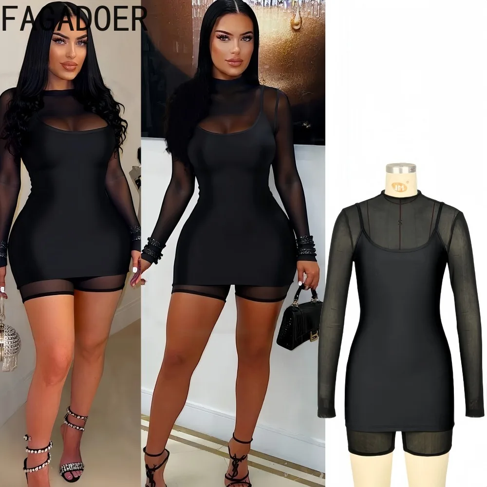 

FAGADOER Sexy Mesh See-through Bodycon Dresses Women Solid Color Round Neck Long Sleeve Dress Female Streetwear Vestidos 2025