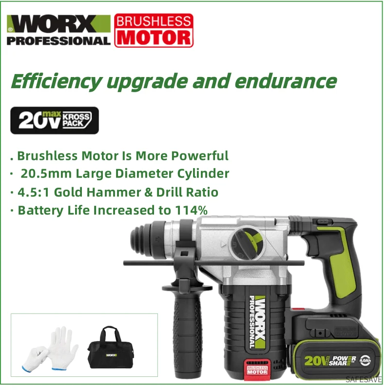 WORX 브러시리스 모터, 20V 배터리, 3 가지 모드, 24mm 임팩트 로터리 해머, WU388