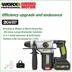 WORX 브러시리스 모터, 20V 배터리, 3 가지 모드, 24mm 임팩트 로터리 해머, WU388