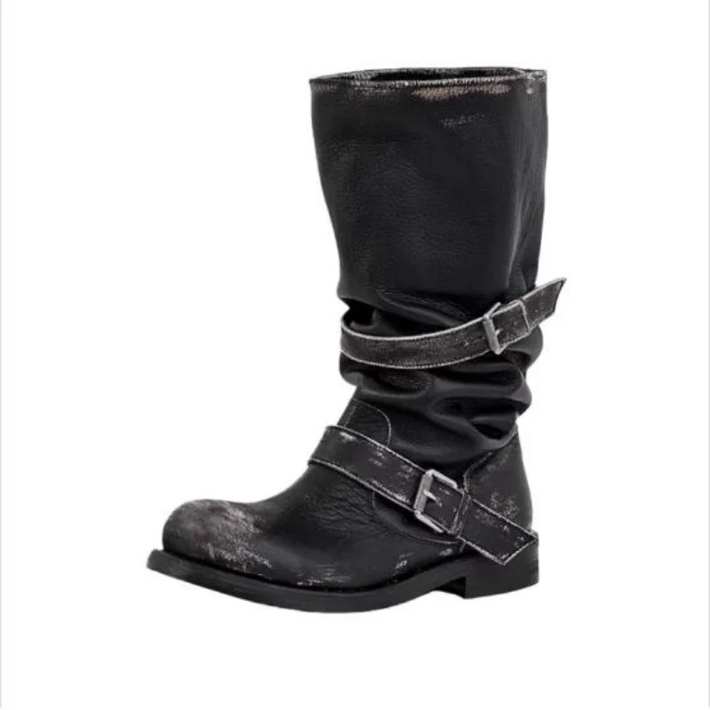 Dark Retro Vintage Distressed Leather Belt Buckle Western Boots Women Leather Pleated Pile Boots Brand Design Black Khaki Color