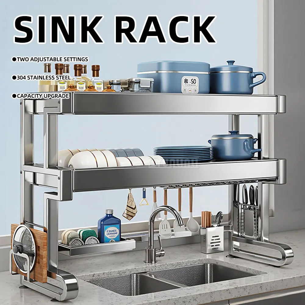304 Stainless Steel Kitchen Sink Storage Rack, Multifunctional Dish Drying Shelf Over Sink, Dish Bowl Storage Organizer