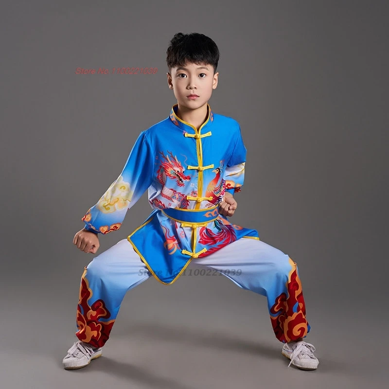 2026 chinese children wushu tai chi uniform wushu kung fu martial arts suit vintage dragon phoenix print training exercise set