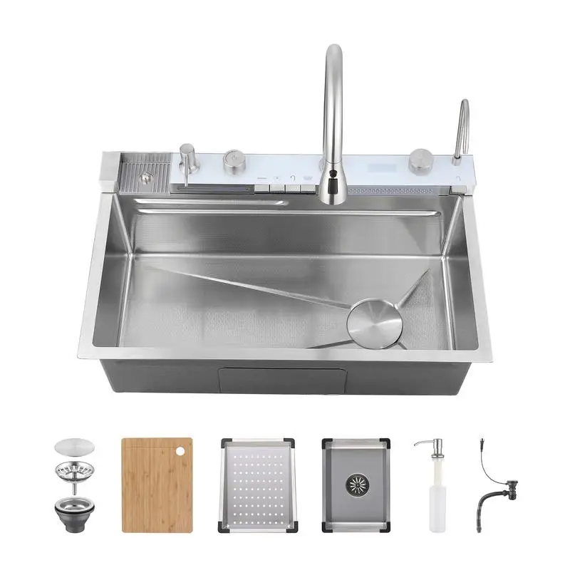 

304 Stainless Steel Single Bowl Kitchen Sink - Dark Gray Vegetable Sink with Waterfall Design for Household Use
