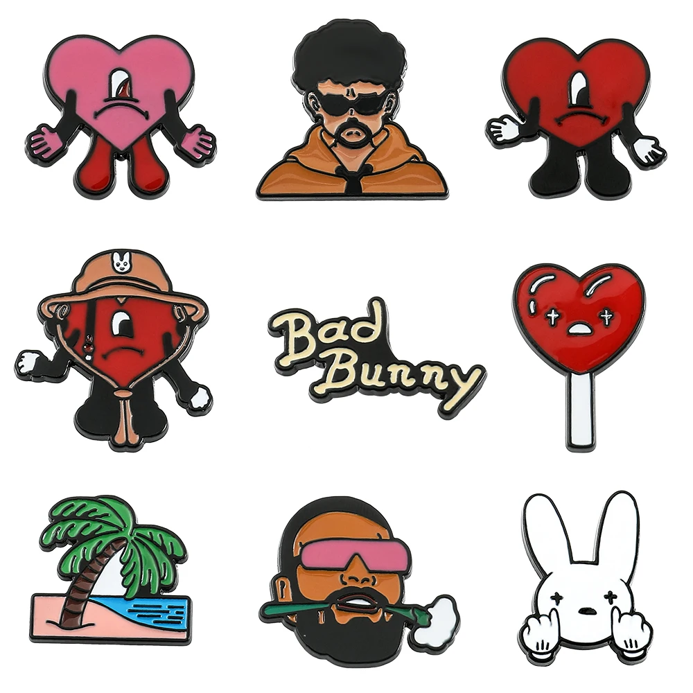 Bad Bunny Brooch Creative Jewelry Red Heart Rapper Bad Rabbit Enamel Pin for Clothing Backpack Pins Accessories for Kids Gift