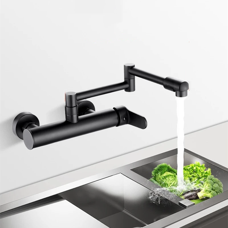 

Kitchen Faucets Black Brass 360 Rotate Wall Mounted Bathroom Hidden Faucet Fold-able Crane Sink Mixer Tap