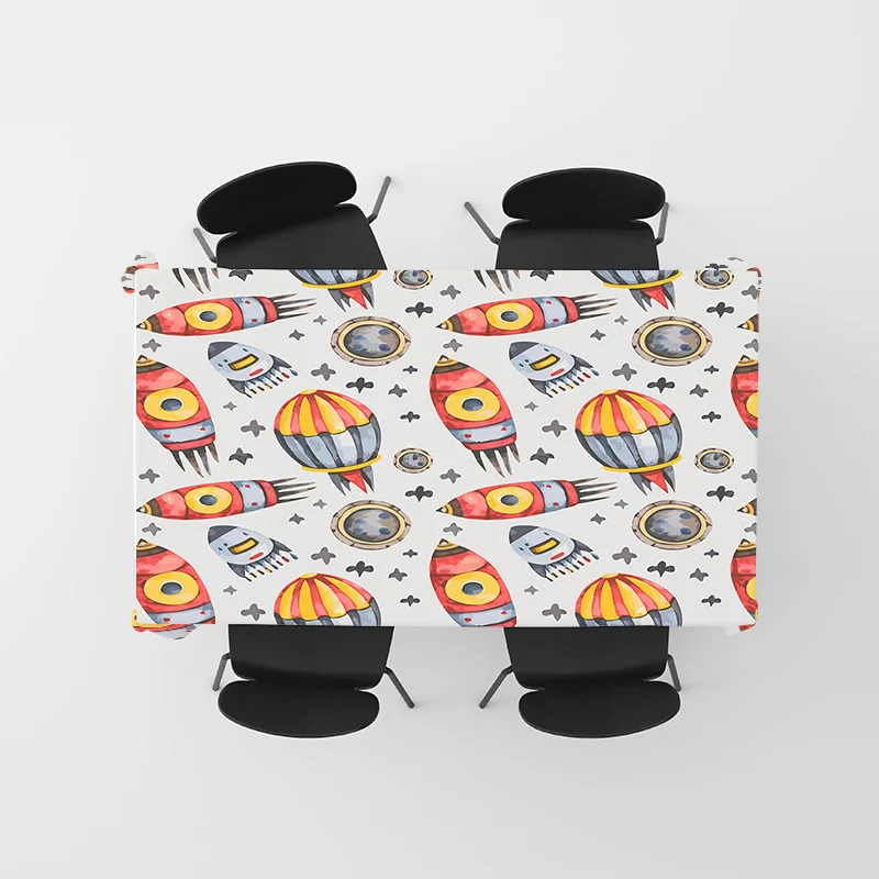 مفرش طاولة UFO ملون مع أقراص طائرة مطبوعة ومفارش ديكور لغرفة الطعام المنزلية والمطبخ أحمر/أزرق/أصفر د