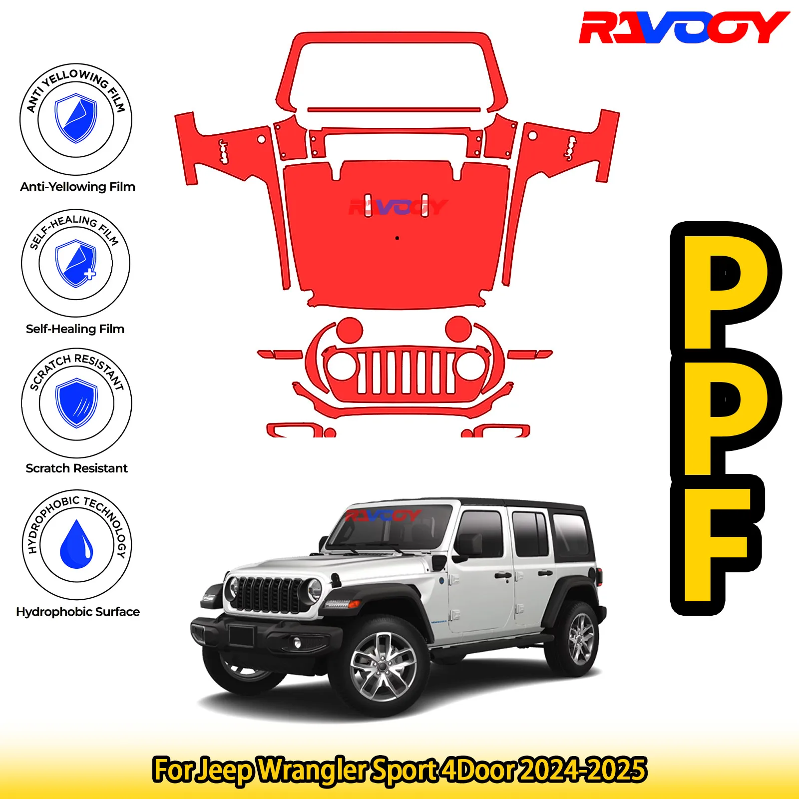 

For Jeep Wrangler Sport 4Door 2024-2025 Glossy Matte Black Precut front PPF Kit Paint Protection Film