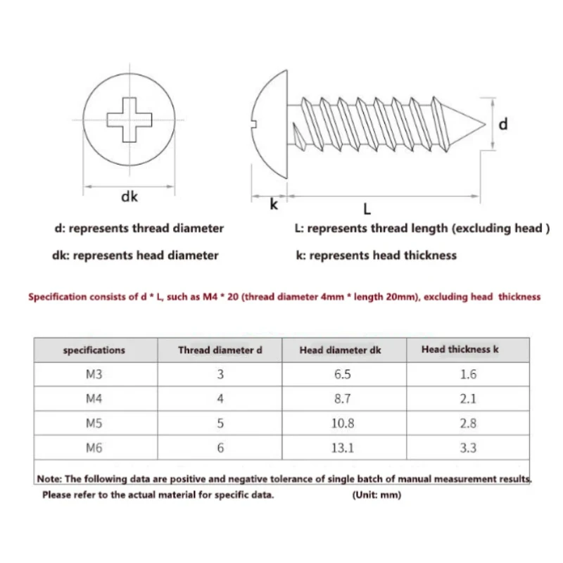 M3 M4 M5 M6 Black 304 Stainless Steel Cross Large Flat Head Self-tapping Wood Screw Round Head Large Umbrella Head Mushroom