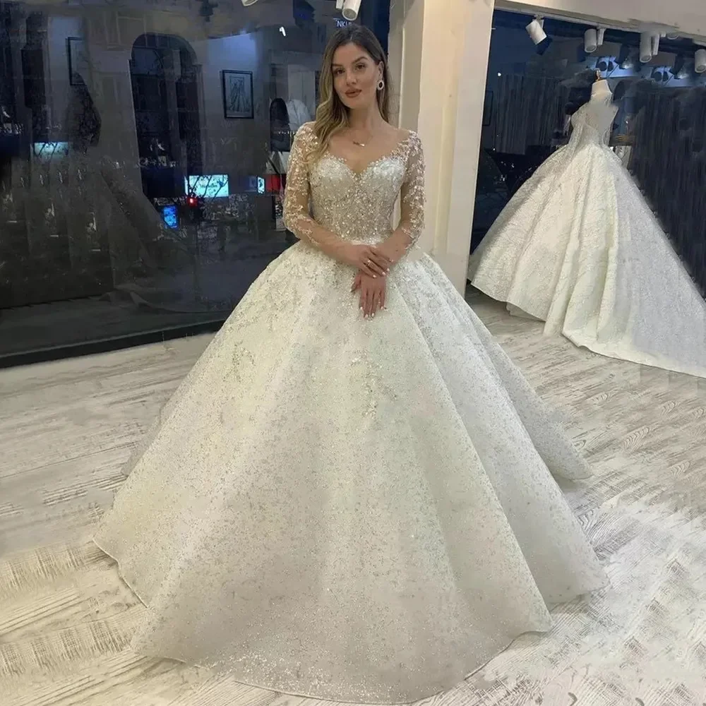 

Customized Sparkly Beading Wedding Dresses Long Sleeves Ball Gown 2025 Women's Vestido De Noiva Lace Up Pageant Bridal Gowns